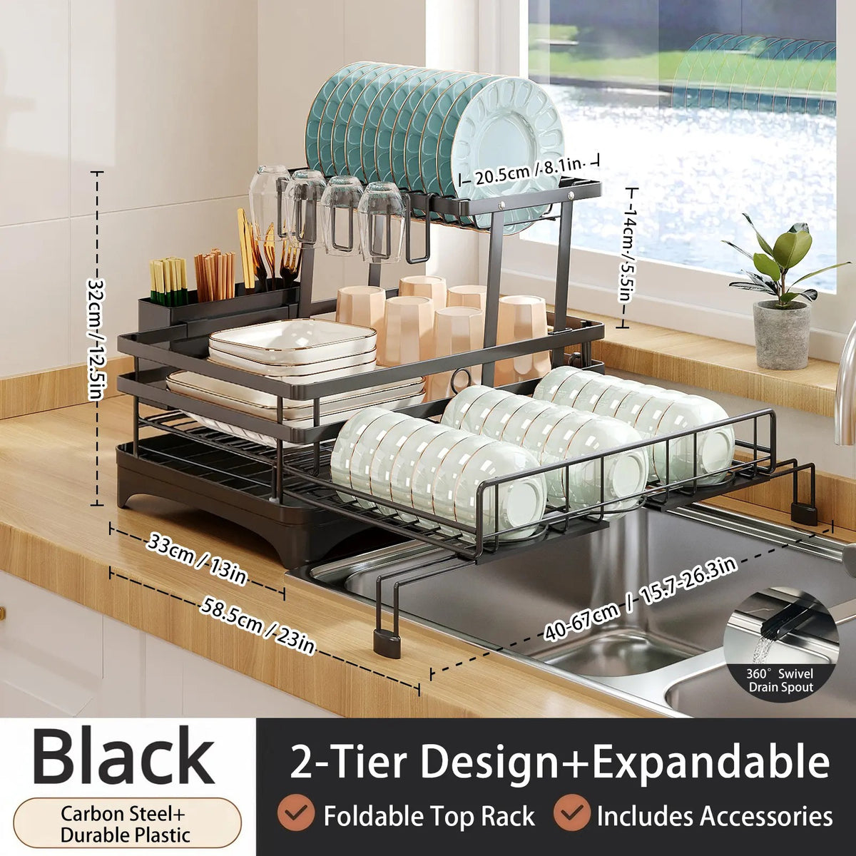 Foldable Over-Sink Stainless Dish Drying Rack, Expandable Adjustable Organiser with Heavy-Duty Carbon Steel Frame, Countertop Dishes Rack with Shelf, Bowl Stand & Draining Boards for Utensils
