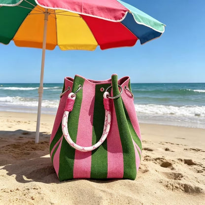 🏆👜 Limited Time Special Price ✨Boho Striped Knit Bucket Handbag for Women – Handmade Summer Beach Shoulder Bag