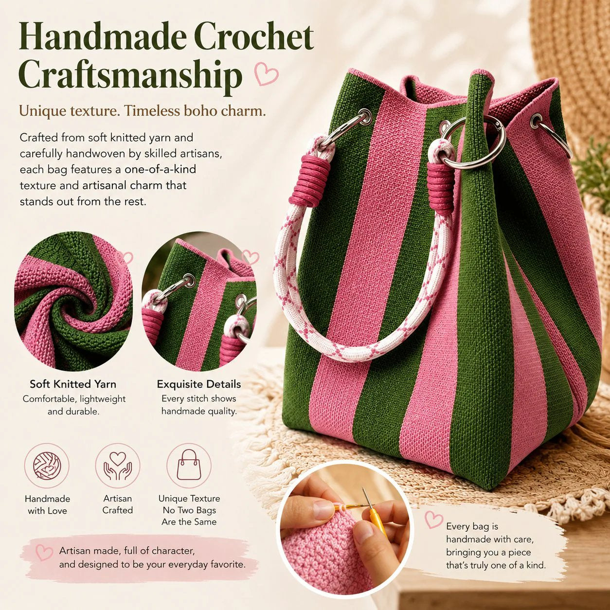 🏆👜 Limited Time Special Price ✨Boho Striped Knit Bucket Handbag for Women – Handmade Summer Beach Shoulder Bag