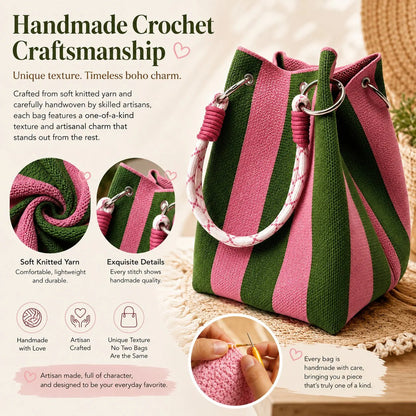 🏆👜 Limited Time Special Price ✨Boho Striped Knit Bucket Handbag for Women – Handmade Summer Beach Shoulder Bag