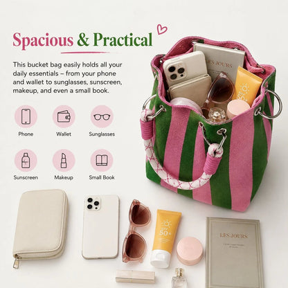 🏆👜 Limited Time Special Price ✨Boho Striped Knit Bucket Handbag for Women – Handmade Summer Beach Shoulder Bag