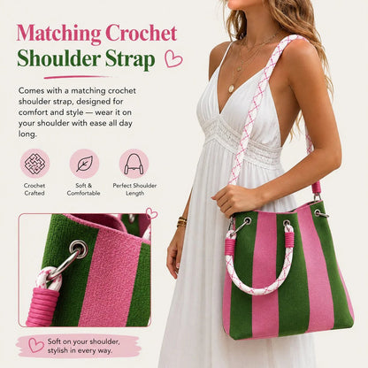 🏆👜 Limited Time Special Price ✨Boho Striped Knit Bucket Handbag for Women – Handmade Summer Beach Shoulder Bag
