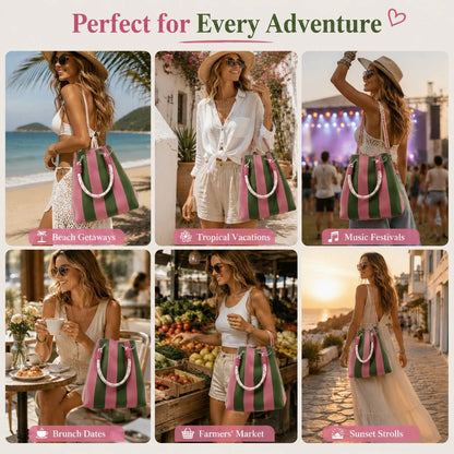 🏆👜 Limited Time Special Price ✨Boho Striped Knit Bucket Handbag for Women – Handmade Summer Beach Shoulder Bag