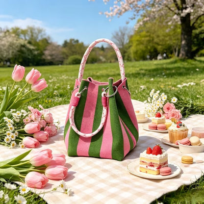 🏆👜 Limited Time Special Price ✨Boho Striped Knit Bucket Handbag for Women – Handmade Summer Beach Shoulder Bag