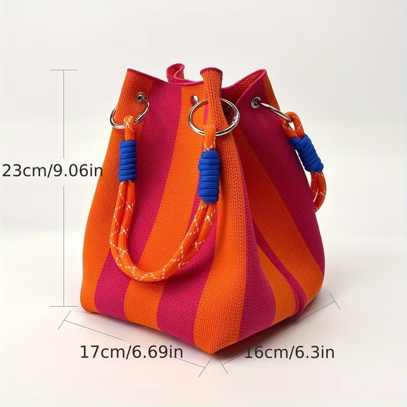 🏆👜 Limited Time Special Price ✨Boho Striped Knit Bucket Handbag for Women – Handmade Summer Beach Shoulder Bag