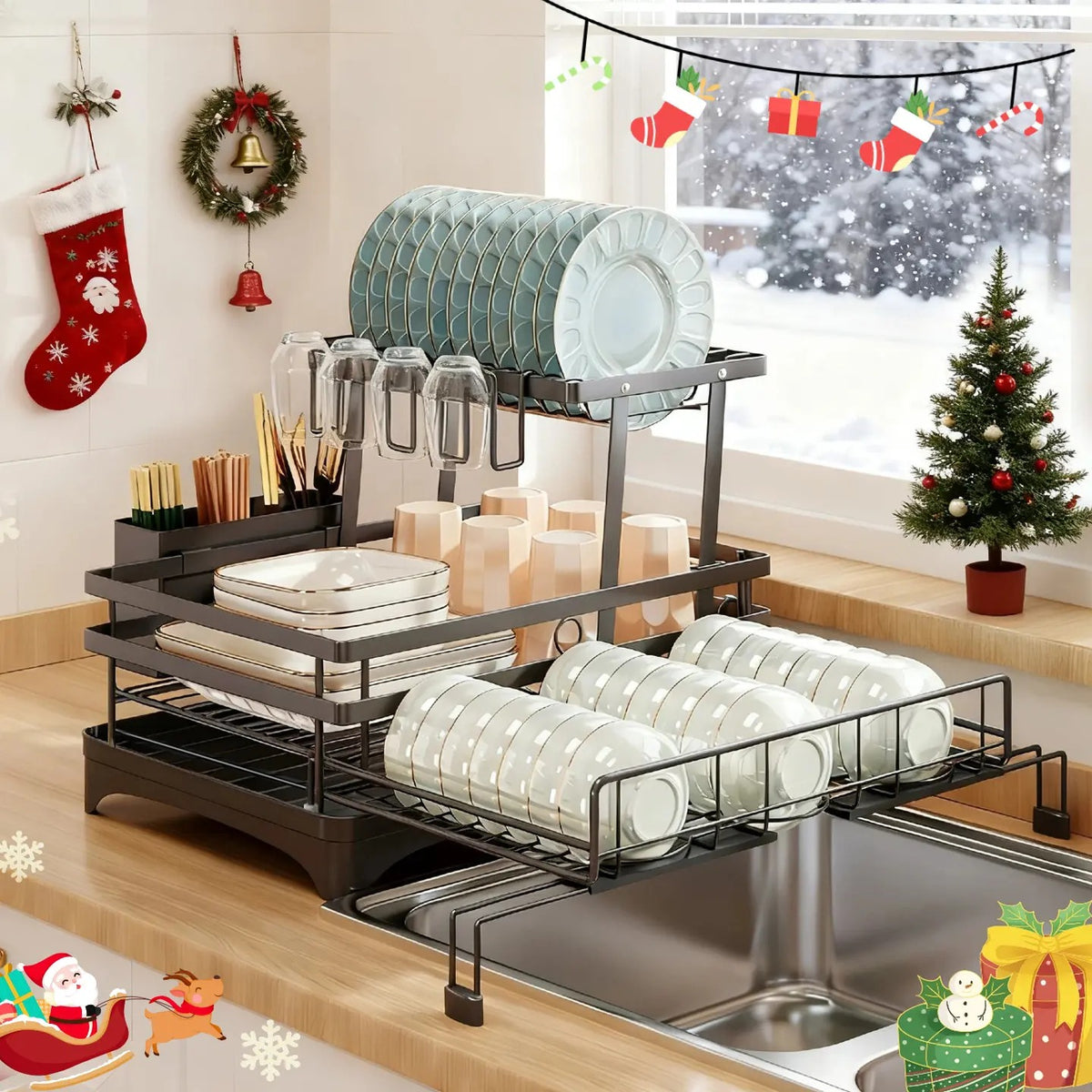 Foldable Over-Sink Stainless Dish Drying Rack, Expandable Adjustable Organiser with Heavy-Duty Carbon Steel Frame, Countertop Dishes Rack with Shelf, Bowl Stand & Draining Boards for Utensils