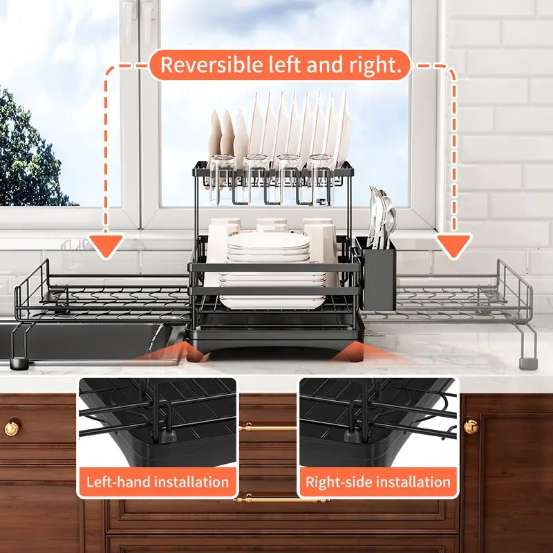Foldable Over-Sink Stainless Dish Drying Rack, Expandable Adjustable Organiser with Heavy-Duty Carbon Steel Frame, Countertop Dishes Rack with Shelf, Bowl Stand & Draining Boards for Utensils