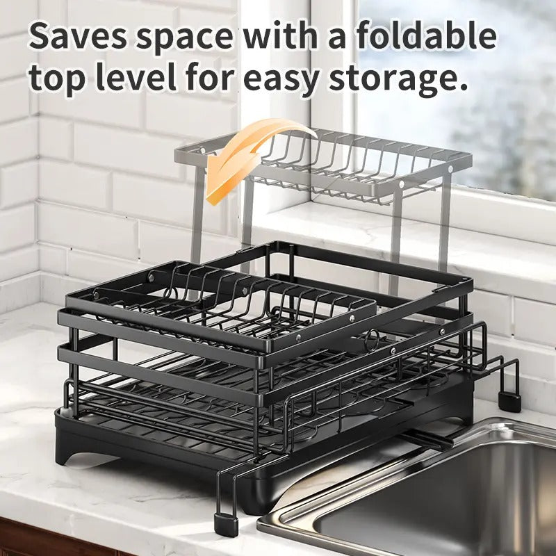 Foldable Over-Sink Stainless Dish Drying Rack, Expandable Adjustable Organiser with Heavy-Duty Carbon Steel Frame, Countertop Dishes Rack with Shelf, Bowl Stand & Draining Boards for Utensils