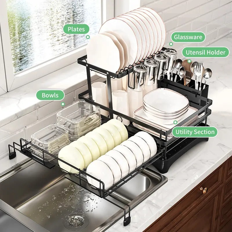 Foldable Over-Sink Stainless Dish Drying Rack, Expandable Adjustable Organiser with Heavy-Duty Carbon Steel Frame, Countertop Dishes Rack with Shelf, Bowl Stand & Draining Boards for Utensils