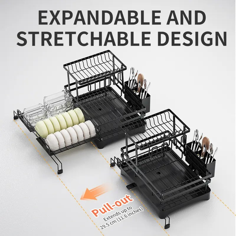 Foldable Over-Sink Stainless Dish Drying Rack, Expandable Adjustable Organiser with Heavy-Duty Carbon Steel Frame, Countertop Dishes Rack with Shelf, Bowl Stand & Draining Boards for Utensils