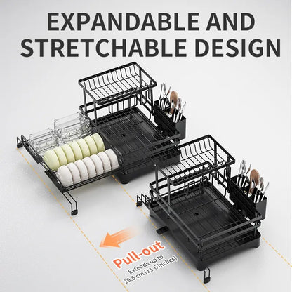 Foldable Over-Sink Stainless Dish Drying Rack, Expandable Adjustable Organiser with Heavy-Duty Carbon Steel Frame, Countertop Dishes Rack with Shelf, Bowl Stand & Draining Boards for Utensils