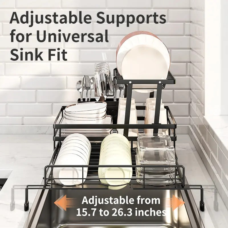 Foldable Over-Sink Stainless Dish Drying Rack, Expandable Adjustable Organiser with Heavy-Duty Carbon Steel Frame, Countertop Dishes Rack with Shelf, Bowl Stand & Draining Boards for Utensils