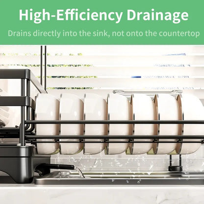 Foldable Over-Sink Stainless Dish Drying Rack, Expandable Adjustable Organiser with Heavy-Duty Carbon Steel Frame, Countertop Dishes Rack with Shelf, Bowl Stand & Draining Boards for Utensils