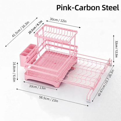Foldable Over-Sink Stainless Dish Drying Rack, Expandable Adjustable Organiser with Heavy-Duty Carbon Steel Frame, Countertop Dishes Rack with Shelf, Bowl Stand & Draining Boards for Utensils