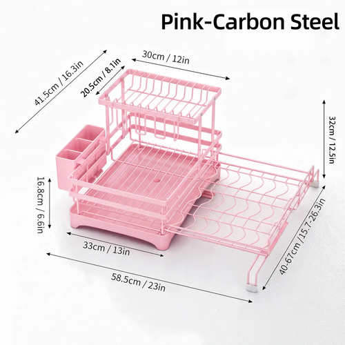 Foldable Over-Sink Stainless Dish Drying Rack, Expandable Adjustable Organiser with Heavy-Duty Carbon Steel Frame, Countertop Dishes Rack with Shelf, Bowl Stand & Draining Boards for Utensils