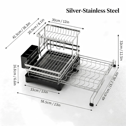 Foldable Over-Sink Stainless Dish Drying Rack, Expandable Adjustable Organiser with Heavy-Duty Carbon Steel Frame, Countertop Dishes Rack with Shelf, Bowl Stand & Draining Boards for Utensils