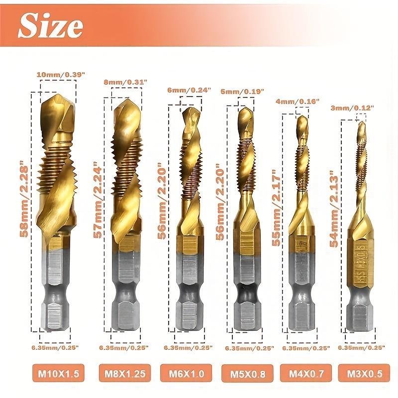 M3-M10,6Counts Tap Bit Set,Ultra TiAlN Coating M2 Drill Tap Set for One-Step Drilling,Tapping and Deburring.