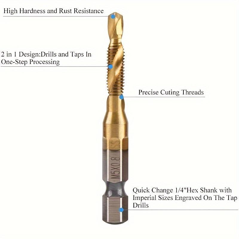 M3-M10,6Counts Tap Bit Set,Ultra TiAlN Coating M2 Drill Tap Set for One-Step Drilling,Tapping and Deburring.
