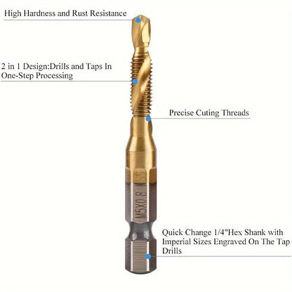 M3-M10,6Counts Tap Bit Set,Ultra TiAlN Coating M2 Drill Tap Set for One-Step Drilling,Tapping and Deburring.
