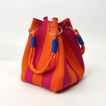 🏆👜 Limited Time Special Price ✨Boho Striped Knit Bucket Handbag for Women – Handmade Summer Beach Shoulder Bag