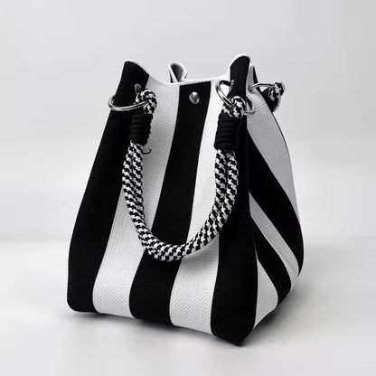 🏆👜 Limited Time Special Price ✨Boho Striped Knit Bucket Handbag for Women – Handmade Summer Beach Shoulder Bag