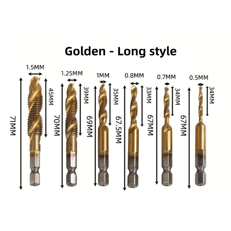M3-M10,6Counts Tap Bit Set,Ultra TiAlN Coating M2 Drill Tap Set for One-Step Drilling,Tapping and Deburring.