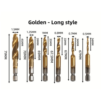 M3-M10,6Counts Tap Bit Set,Ultra TiAlN Coating M2 Drill Tap Set for One-Step Drilling,Tapping and Deburring.